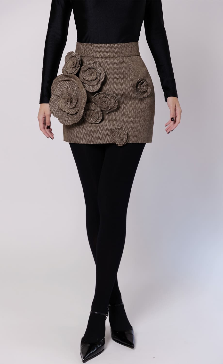 MINI HIGH-WAISTED BROWN TWEED SKIRT - Image 3