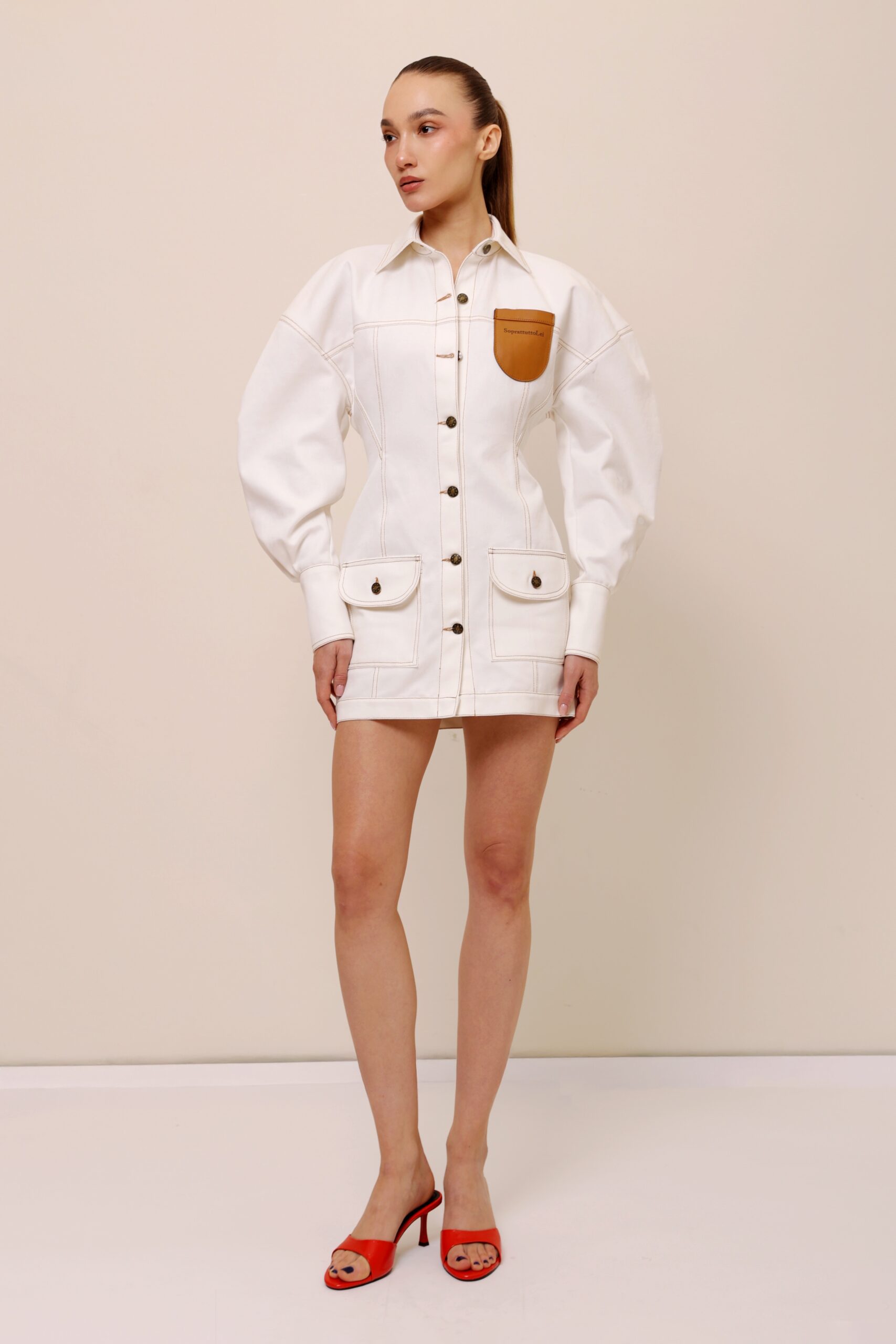 MINI DENIM BUTTON DRESS WITH LEATHER DETAIL