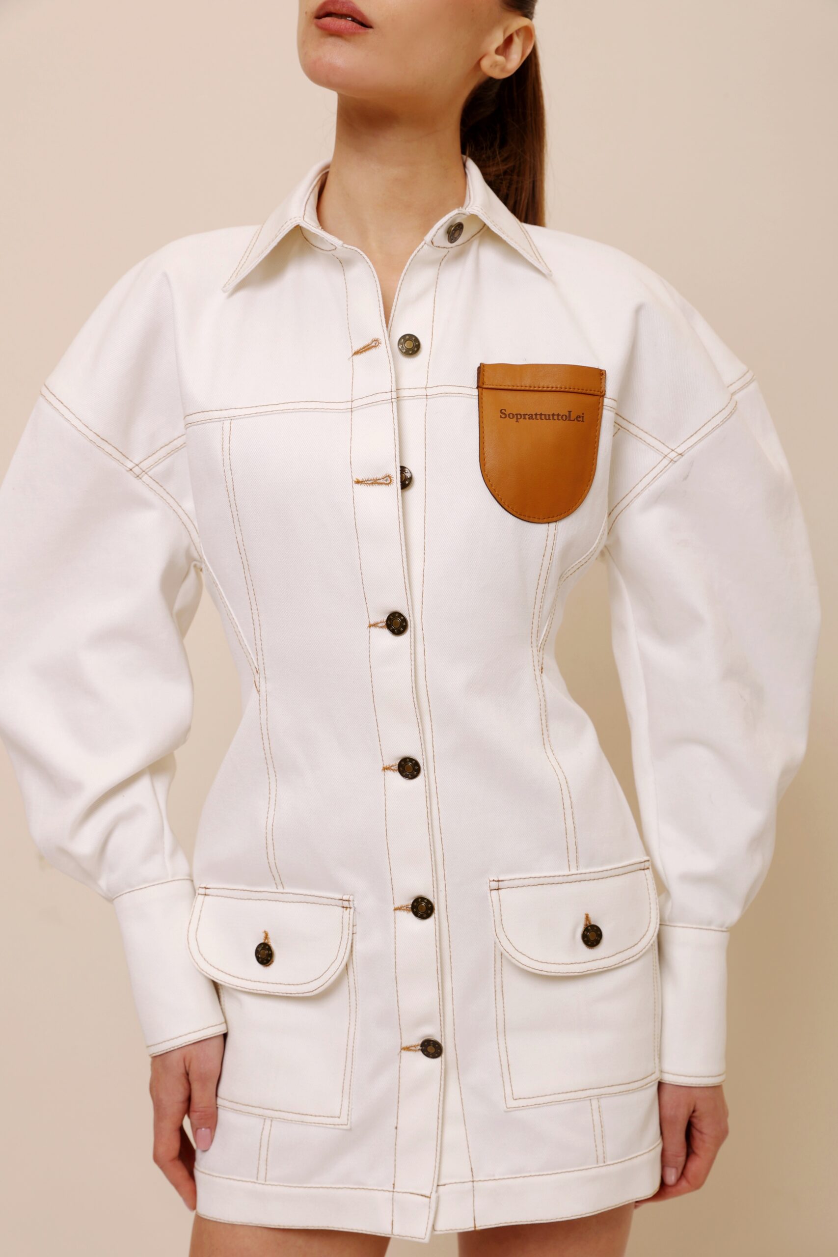 MINI DENIM BUTTON DRESS WITH LEATHER DETAIL - Image 3