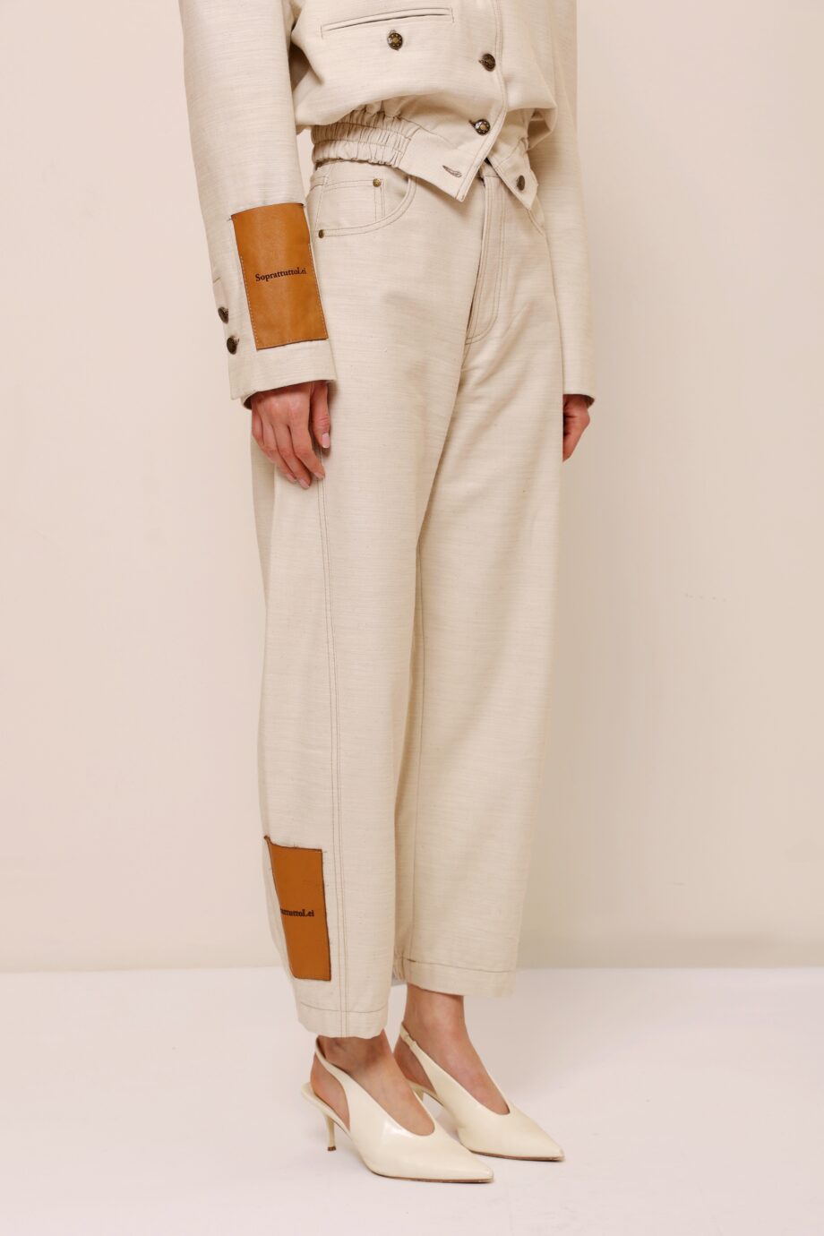 beige cotton high waist pants women front view