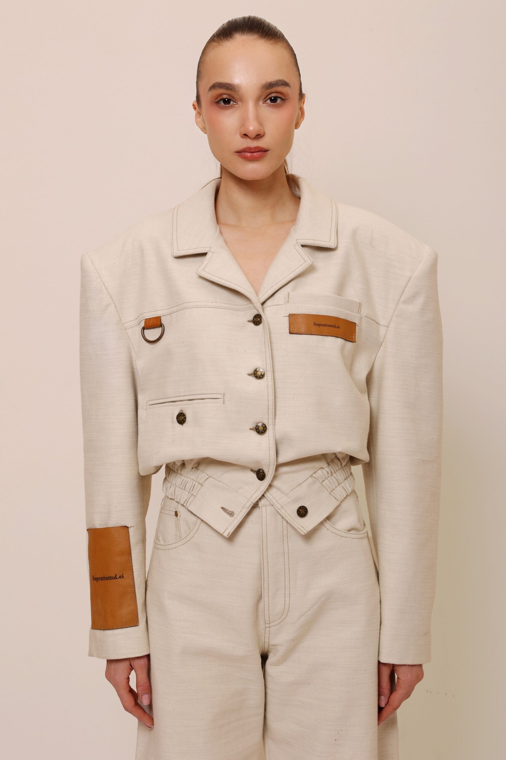 beige cotton cropped jacket women front view