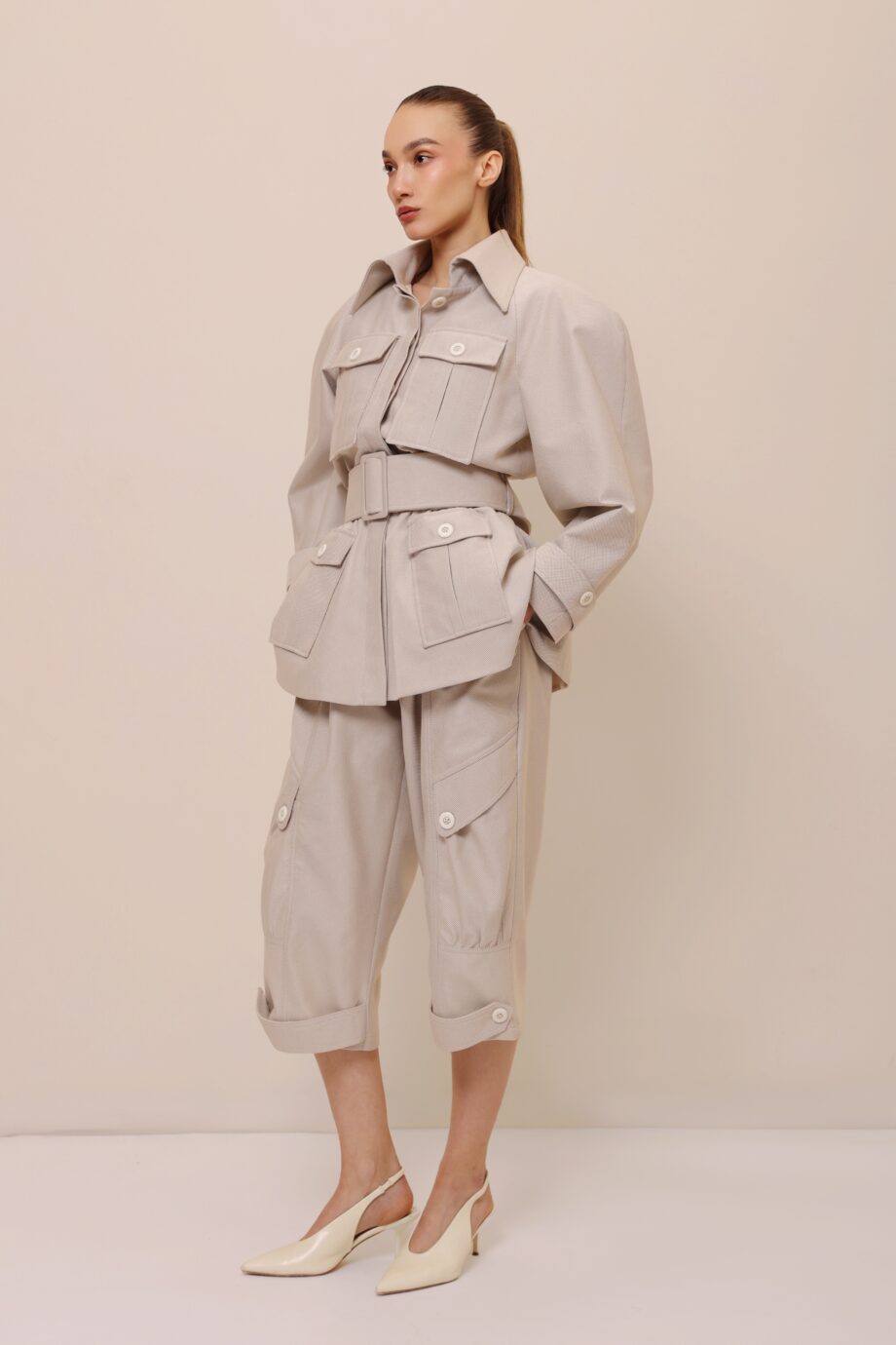 belted safari jacket and cropped pants