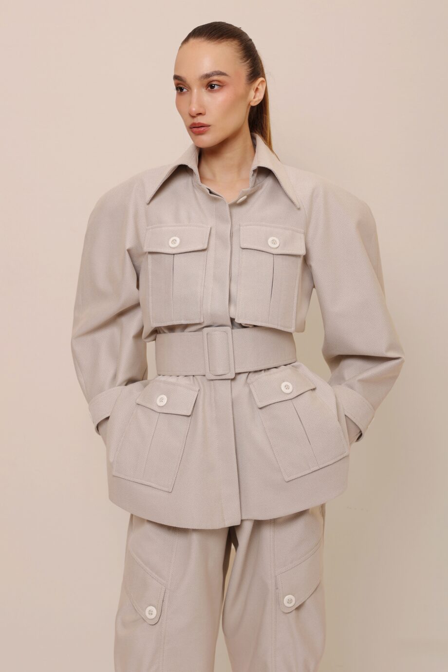 beige safari belted jacket women front