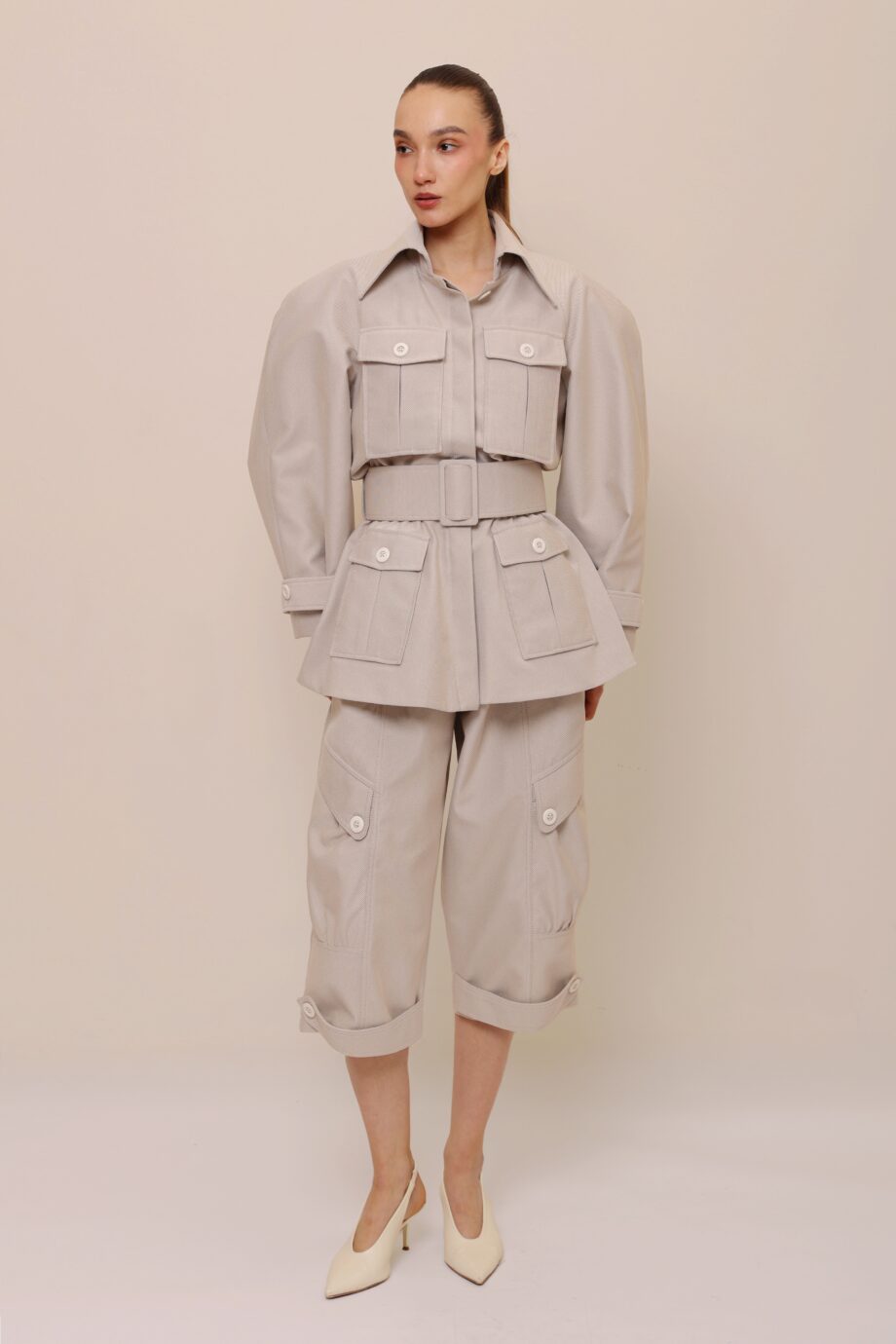 beige safari tailored set women full outfit