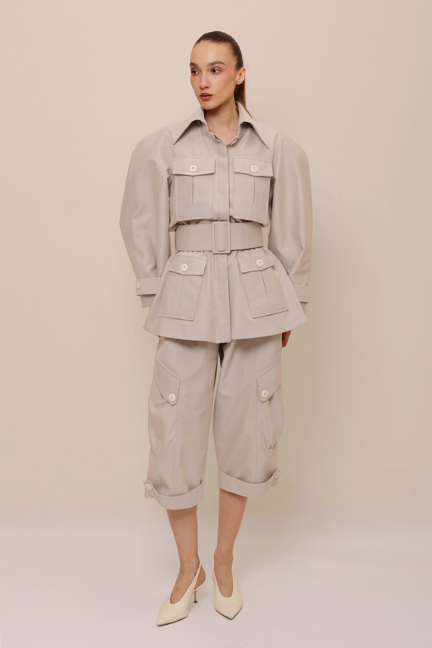 beige safari tailored set women full outfit