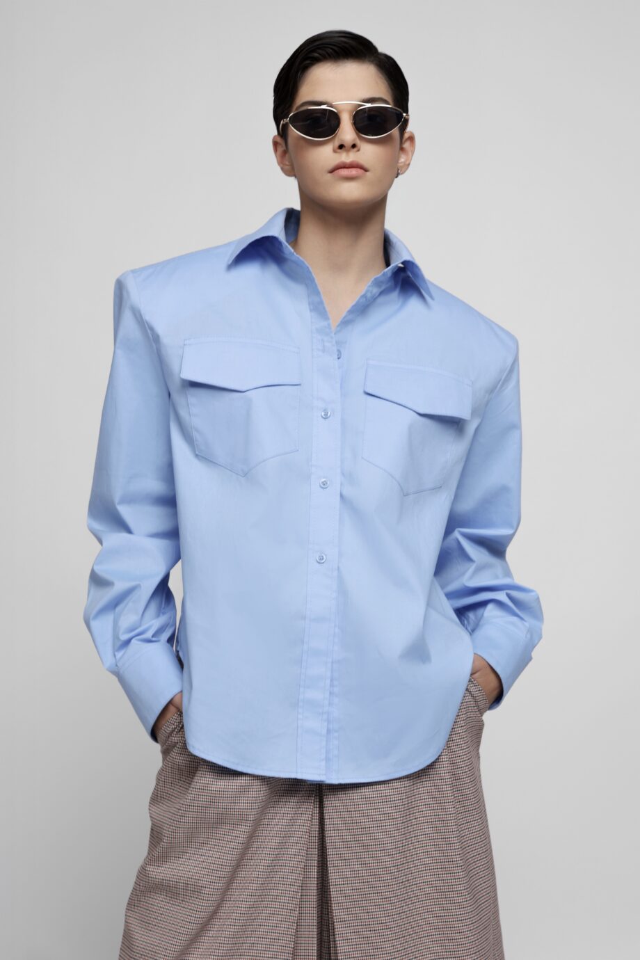 Sky blue structured cotton shirt with flap chest pockets by SoprattuttoLei