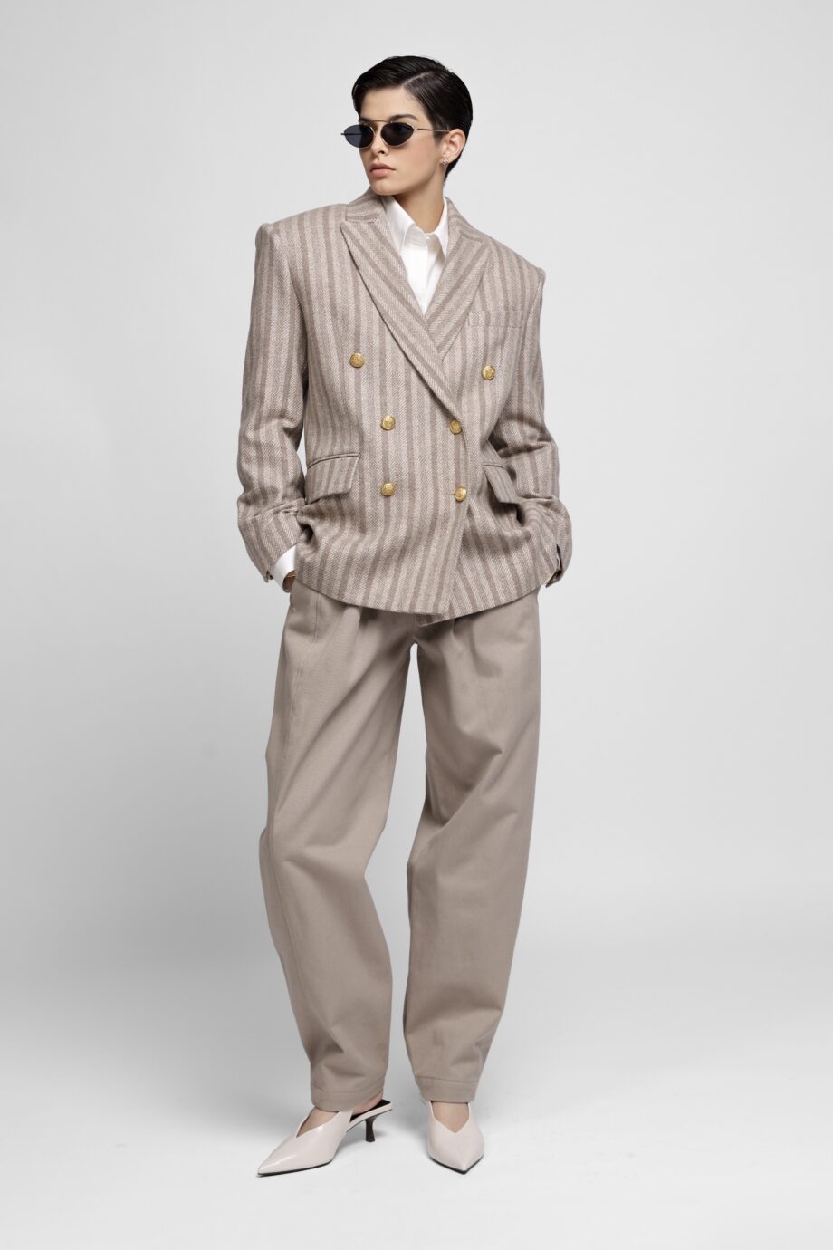BEIGE STRIPED WOOL DOUBLE-BREASTED BLAZER