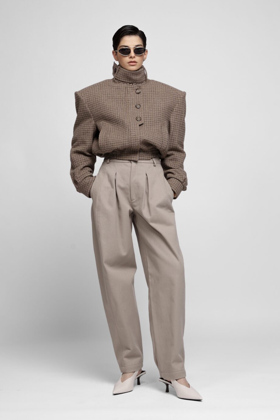 Cropped brown houndstooth wool jacket with high stand collar by SoprattuttoLei