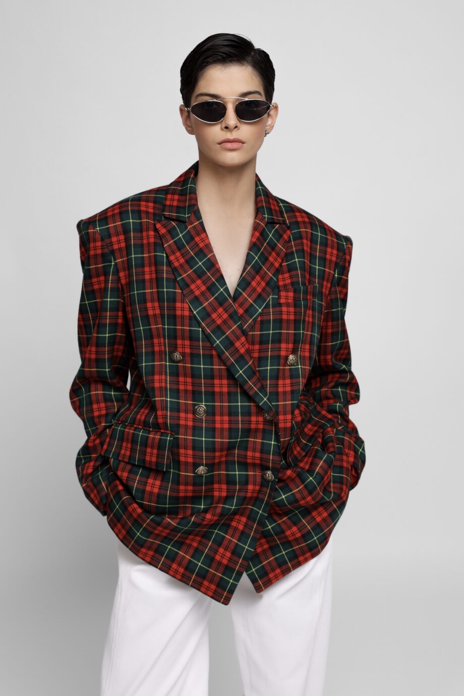 Oversized red and green tartan plaid wool-blend double-breasted blazer by SoprattuttoLei