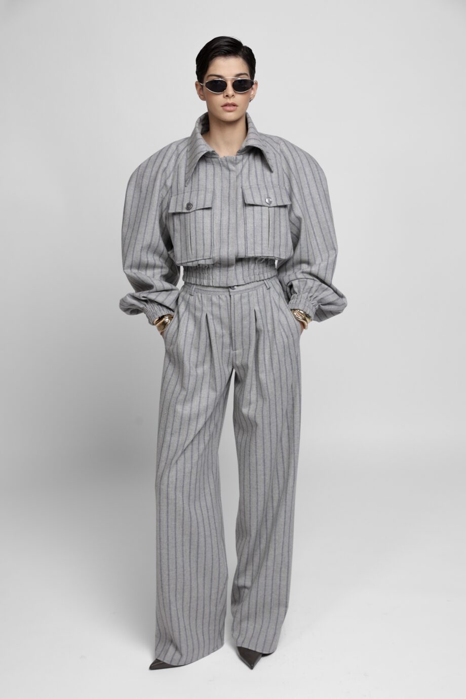 Grey pinstripe wool-blend cropped jacket and wide-leg trousers set by SoprattuttoLei