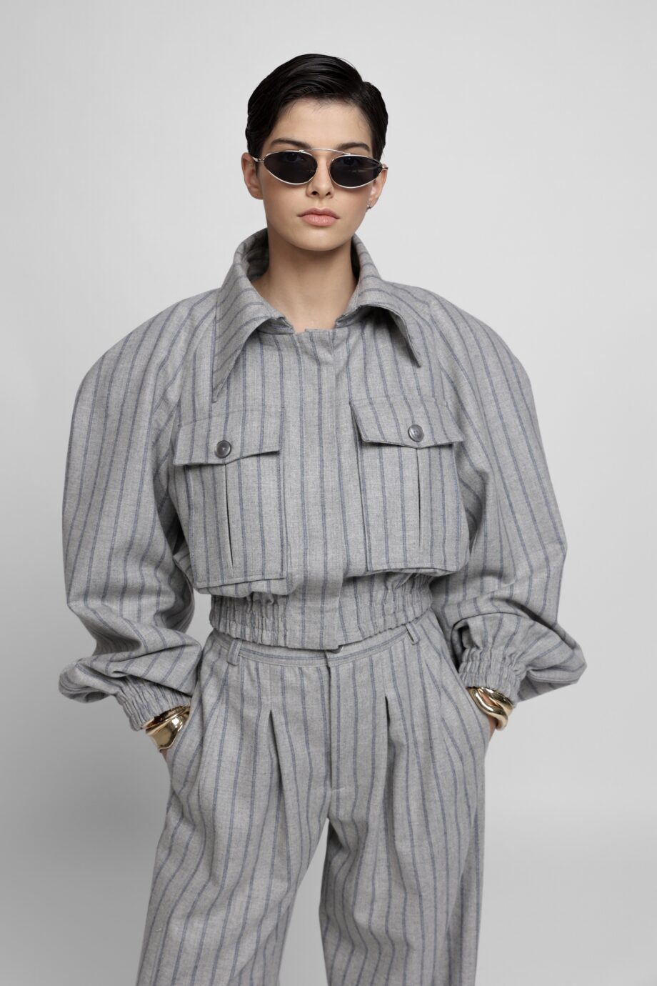 Grey pinstripe wool-blend cropped jacket and wide-leg trousers set by SoprattuttoLei