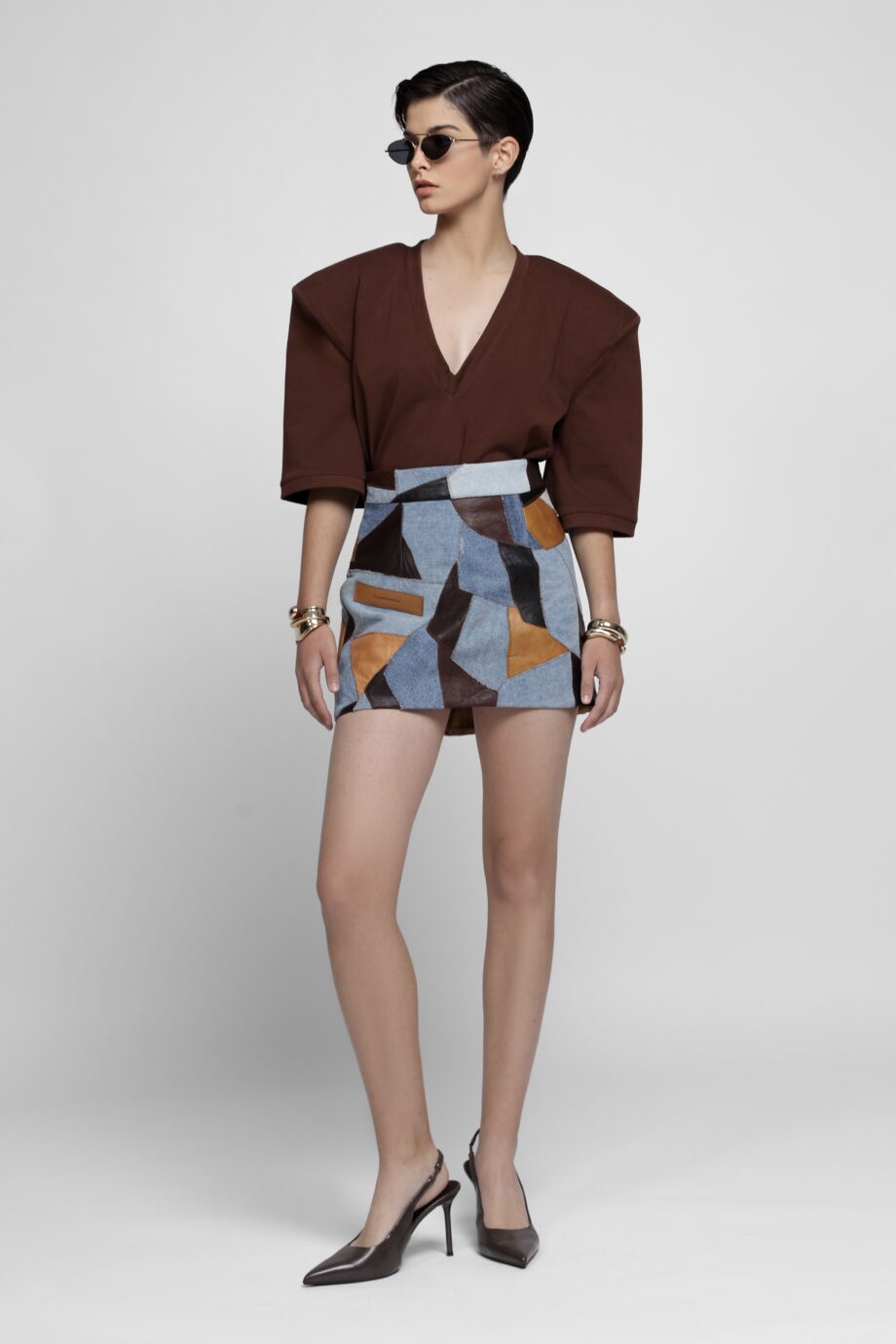 Denim and genuine leather geometric patchwork mini skirt by SoprattuttoLei