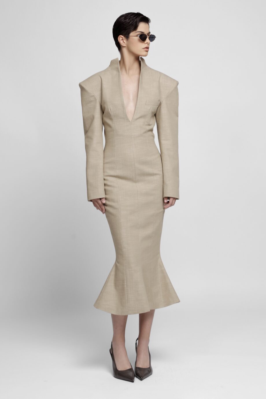 Beige structured cotton mermaid midi dress with deep V-neck by SoprattuttoLei