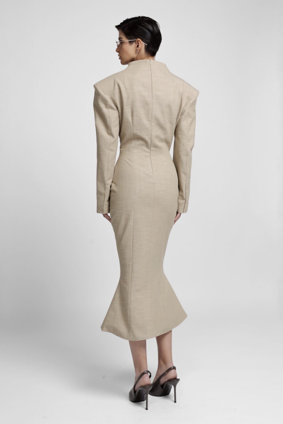 Beige structured cotton mermaid midi dress with deep V-neck by SoprattuttoLei