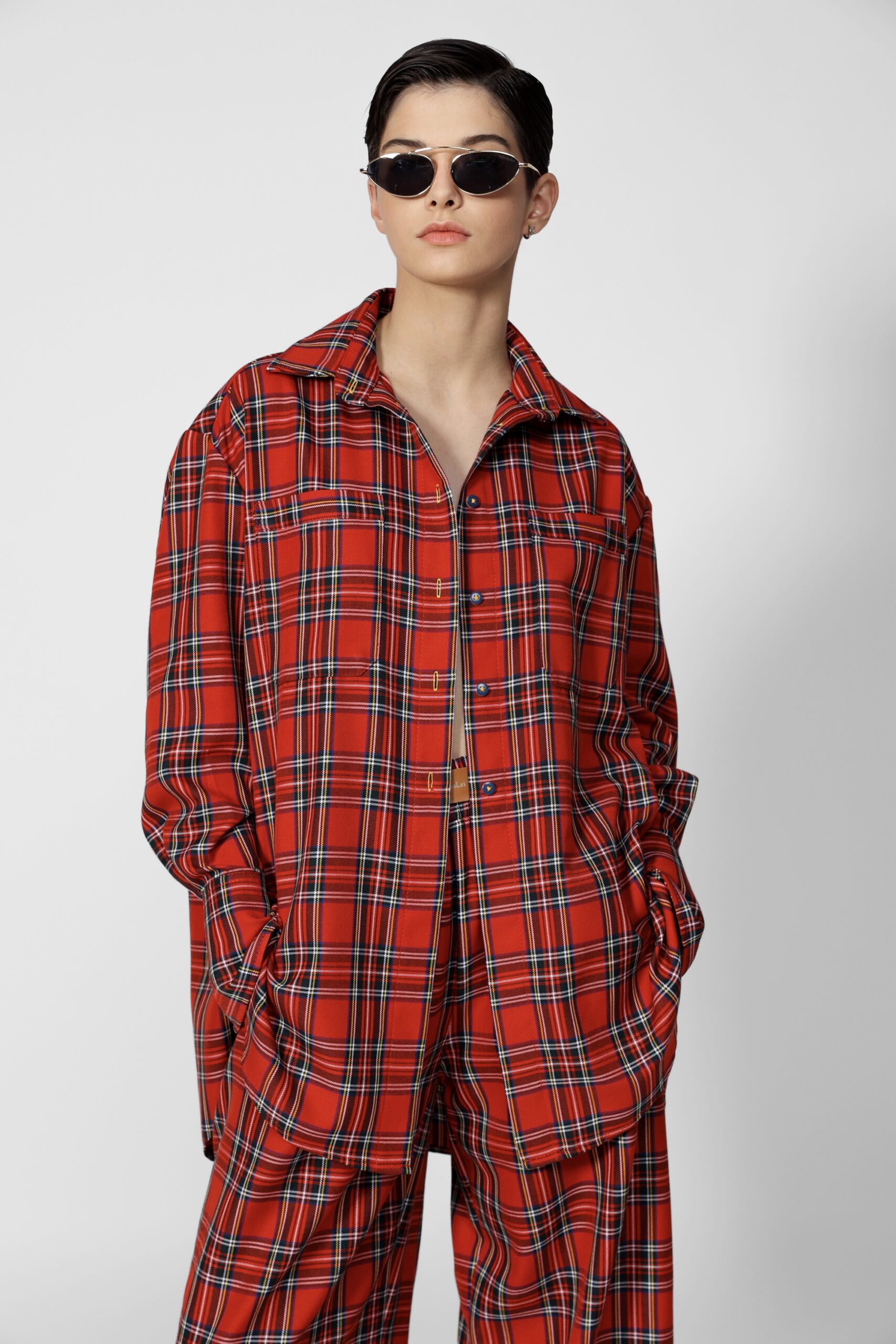 Red tartan plaid wool-blend two-piece set with signature leather logo patch by SoprattuttoLei