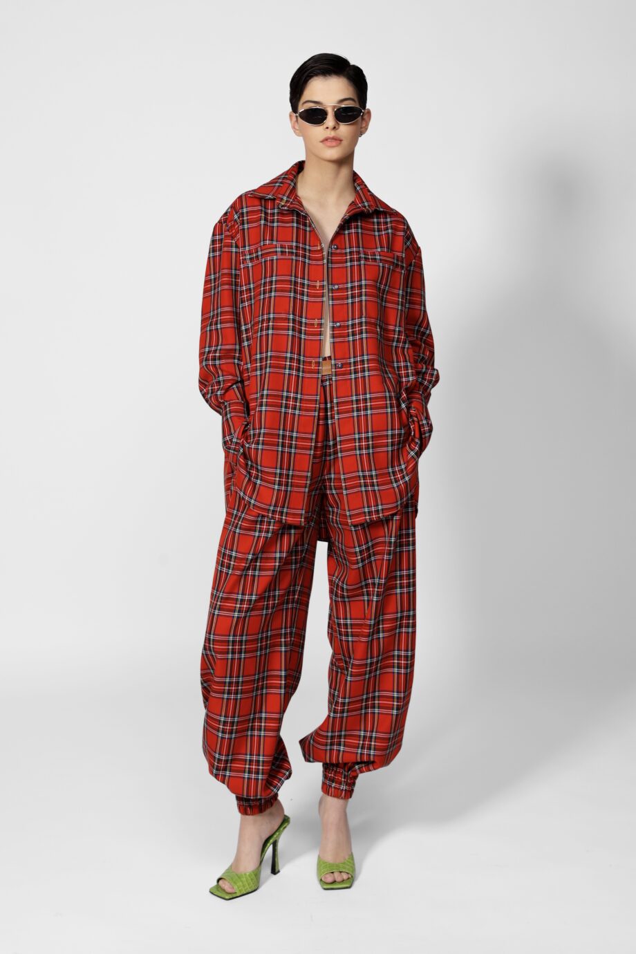 Red tartan plaid wool-blend two-piece set with signature leather logo patch by SoprattuttoLei